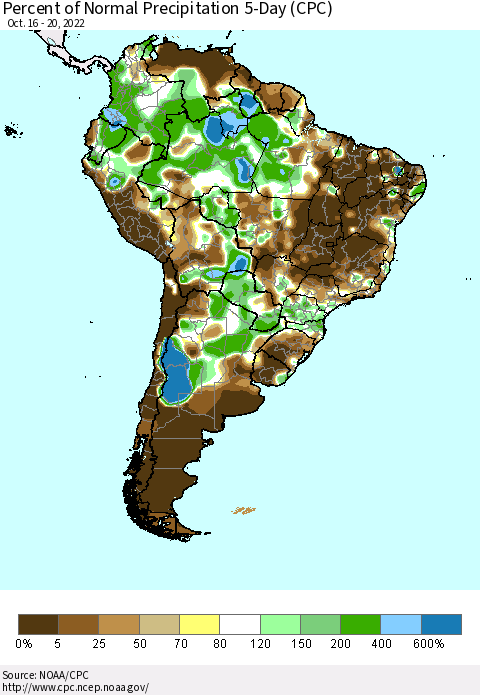 South America Percent of Normal Precipitation 5-Day (CPC) Thematic Map For 10/16/2022 - 10/20/2022