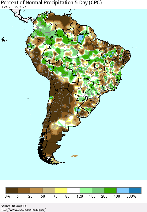 South America Percent of Normal Precipitation 5-Day (CPC) Thematic Map For 10/21/2022 - 10/25/2022