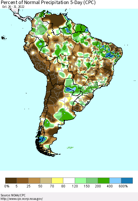 South America Percent of Normal Precipitation 5-Day (CPC) Thematic Map For 10/26/2022 - 10/31/2022