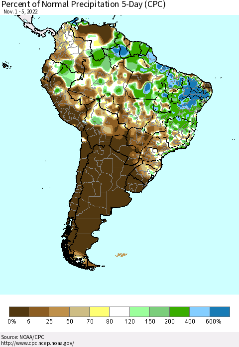 South America Percent of Normal Precipitation 5-Day (CPC) Thematic Map For 11/1/2022 - 11/5/2022