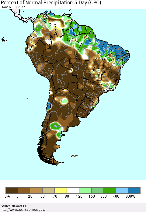 South America Percent of Normal Precipitation 5-Day (CPC) Thematic Map For 11/6/2022 - 11/10/2022
