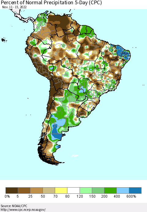 South America Percent of Normal Precipitation 5-Day (CPC) Thematic Map For 11/11/2022 - 11/15/2022