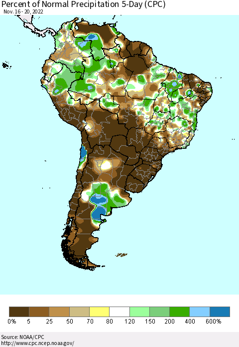 South America Percent of Normal Precipitation 5-Day (CPC) Thematic Map For 11/16/2022 - 11/20/2022