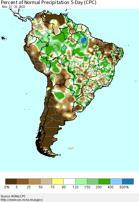 South America Percent of Normal Precipitation 5-Day (CPC) Thematic Map For 11/21/2022 - 11/25/2022