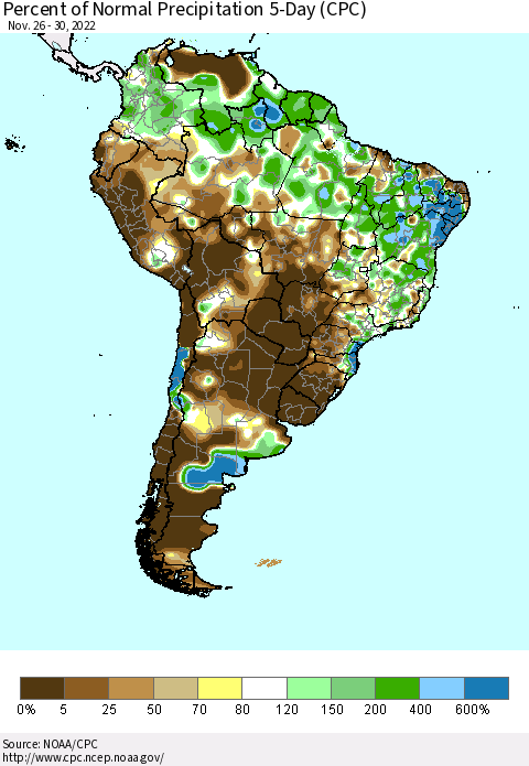 South America Percent of Normal Precipitation 5-Day (CPC) Thematic Map For 11/26/2022 - 11/30/2022