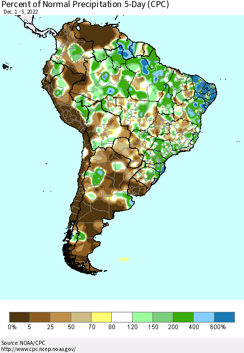 South America Percent of Normal Precipitation 5-Day (CPC) Thematic Map For 12/1/2022 - 12/5/2022