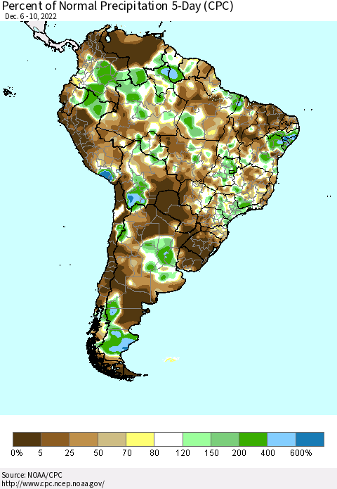South America Percent of Normal Precipitation 5-Day (CPC) Thematic Map For 12/6/2022 - 12/10/2022