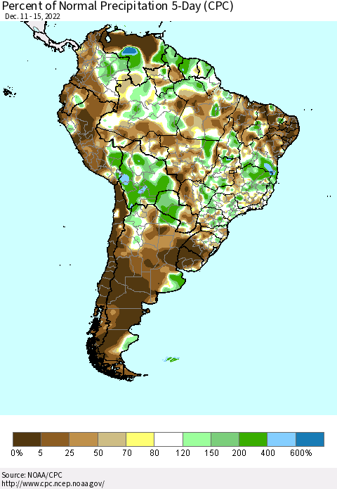South America Percent of Normal Precipitation 5-Day (CPC) Thematic Map For 12/11/2022 - 12/15/2022