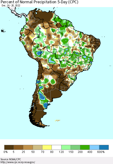 South America Percent of Normal Precipitation 5-Day (CPC) Thematic Map For 12/16/2022 - 12/20/2022