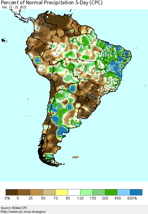South America Percent of Normal Precipitation 5-Day (CPC) Thematic Map For 12/21/2022 - 12/25/2022