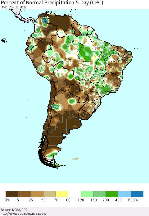 South America Percent of Normal Precipitation 5-Day (CPC) Thematic Map For 12/26/2022 - 12/31/2022