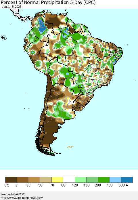 South America Percent of Normal Precipitation 5-Day (CPC) Thematic Map For 1/1/2023 - 1/5/2023