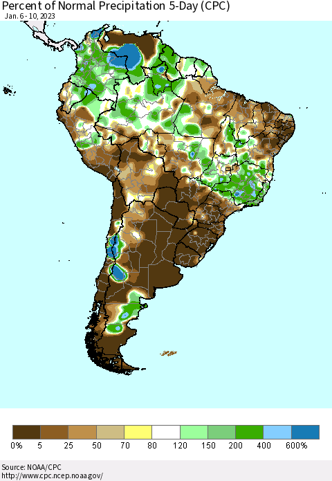 South America Percent of Normal Precipitation 5-Day (CPC) Thematic Map For 1/6/2023 - 1/10/2023