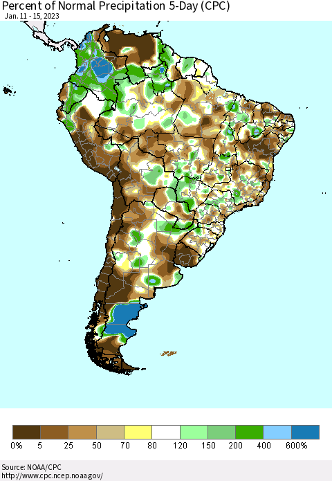 South America Percent of Normal Precipitation 5-Day (CPC) Thematic Map For 1/11/2023 - 1/15/2023