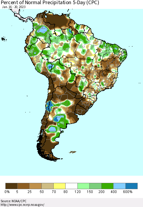 South America Percent of Normal Precipitation 5-Day (CPC) Thematic Map For 1/16/2023 - 1/20/2023