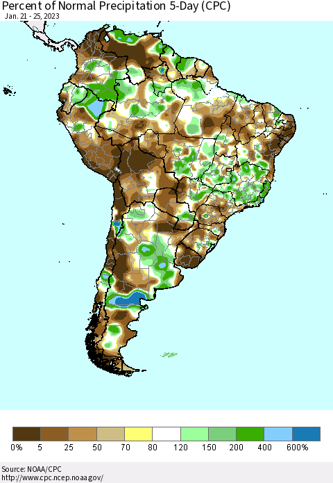 South America Percent of Normal Precipitation 5-Day (CPC) Thematic Map For 1/21/2023 - 1/25/2023