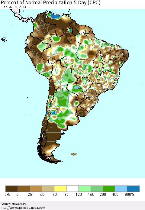 South America Percent of Normal Precipitation 5-Day (CPC) Thematic Map For 1/26/2023 - 1/31/2023