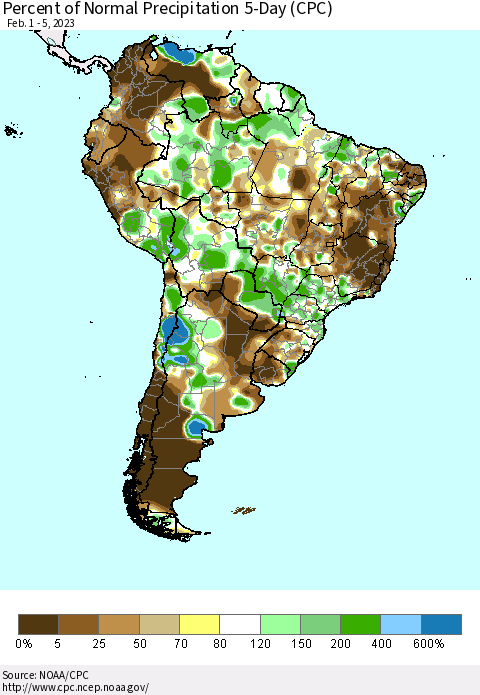 South America Percent of Normal Precipitation 5-Day (CPC) Thematic Map For 2/1/2023 - 2/5/2023