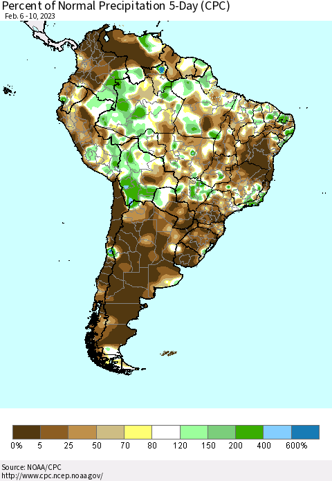 South America Percent of Normal Precipitation 5-Day (CPC) Thematic Map For 2/6/2023 - 2/10/2023