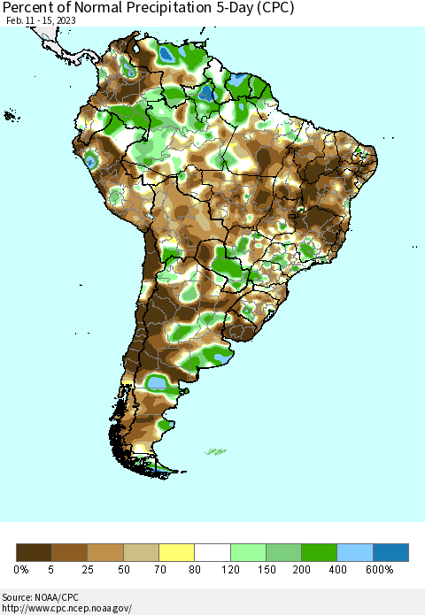 South America Percent of Normal Precipitation 5-Day (CPC) Thematic Map For 2/11/2023 - 2/15/2023
