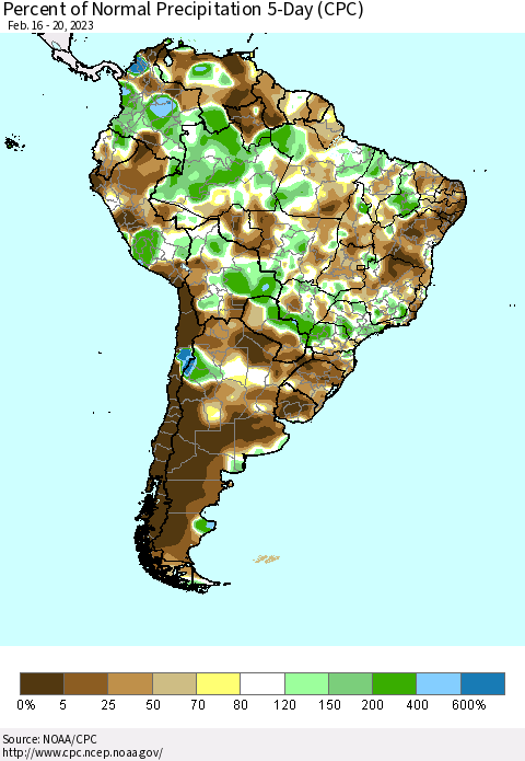 South America Percent of Normal Precipitation 5-Day (CPC) Thematic Map For 2/16/2023 - 2/20/2023