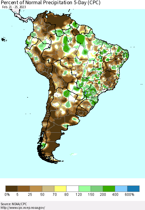 South America Percent of Normal Precipitation 5-Day (CPC) Thematic Map For 2/21/2023 - 2/25/2023