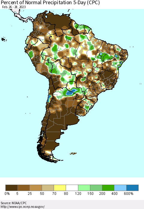 South America Percent of Normal Precipitation 5-Day (CPC) Thematic Map For 2/26/2023 - 2/28/2023