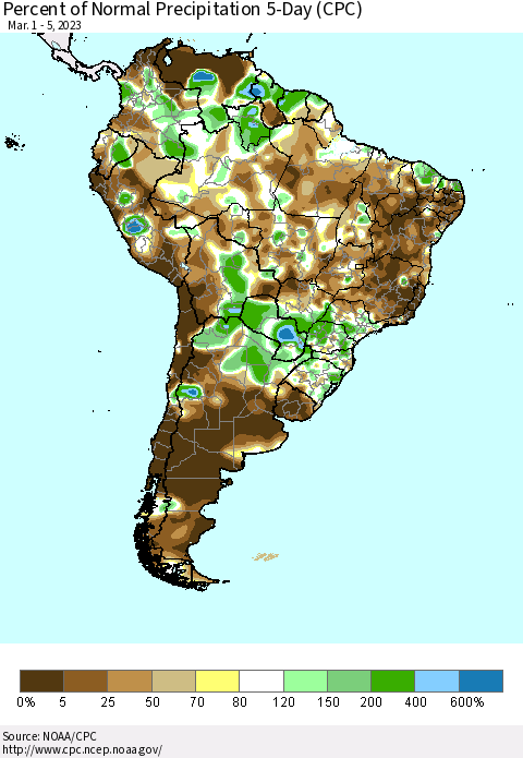 South America Percent of Normal Precipitation 5-Day (CPC) Thematic Map For 3/1/2023 - 3/5/2023