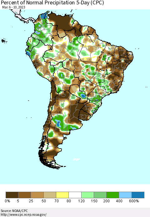 South America Percent of Normal Precipitation 5-Day (CPC) Thematic Map For 3/6/2023 - 3/10/2023