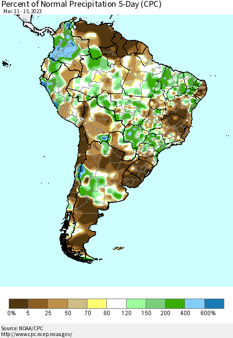 South America Percent of Normal Precipitation 5-Day (CPC) Thematic Map For 3/11/2023 - 3/15/2023