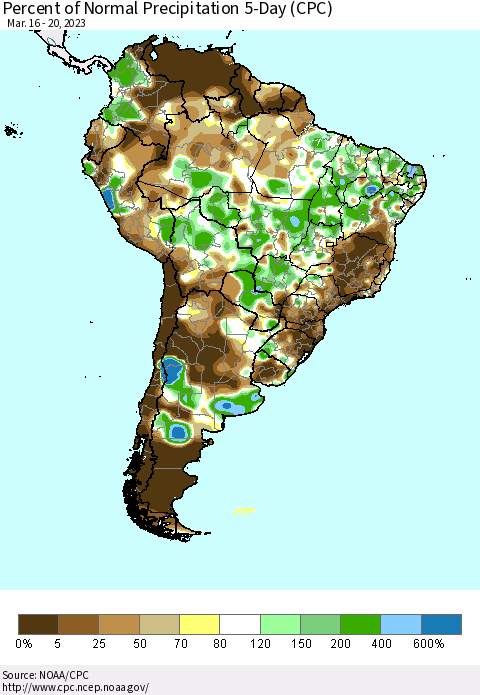 South America Percent of Normal Precipitation 5-Day (CPC) Thematic Map For 3/16/2023 - 3/20/2023
