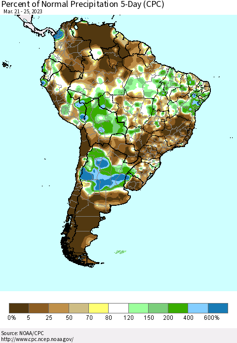 South America Percent of Normal Precipitation 5-Day (CPC) Thematic Map For 3/21/2023 - 3/25/2023