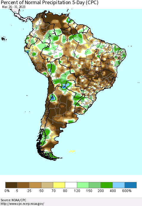 South America Percent of Normal Precipitation 5-Day (CPC) Thematic Map For 3/26/2023 - 3/31/2023