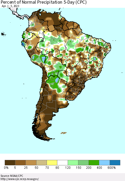 South America Percent of Normal Precipitation 5-Day (CPC) Thematic Map For 4/1/2023 - 4/5/2023