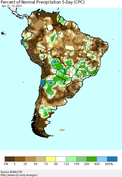 South America Percent of Normal Precipitation 5-Day (CPC) Thematic Map For 4/11/2023 - 4/15/2023