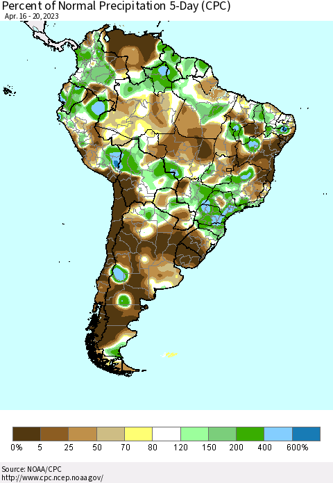 South America Percent of Normal Precipitation 5-Day (CPC) Thematic Map For 4/16/2023 - 4/20/2023