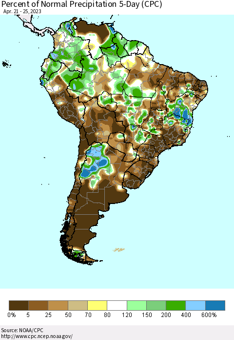 South America Percent of Normal Precipitation 5-Day (CPC) Thematic Map For 4/21/2023 - 4/25/2023
