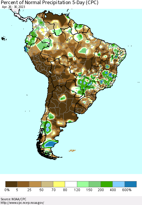 South America Percent of Normal Precipitation 5-Day (CPC) Thematic Map For 4/26/2023 - 4/30/2023