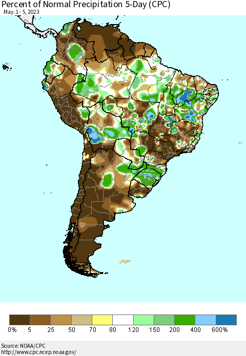 South America Percent of Normal Precipitation 5-Day (CPC) Thematic Map For 5/1/2023 - 5/5/2023