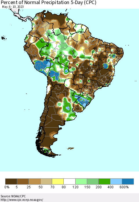 South America Percent of Normal Precipitation 5-Day (CPC) Thematic Map For 5/6/2023 - 5/10/2023