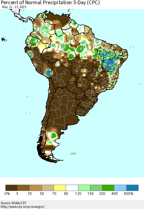 South America Percent of Normal Precipitation 5-Day (CPC) Thematic Map For 5/11/2023 - 5/15/2023