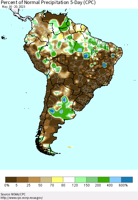 South America Percent of Normal Precipitation 5-Day (CPC) Thematic Map For 5/16/2023 - 5/20/2023