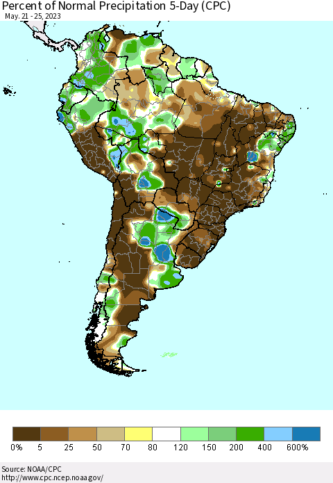 South America Percent of Normal Precipitation 5-Day (CPC) Thematic Map For 5/21/2023 - 5/25/2023