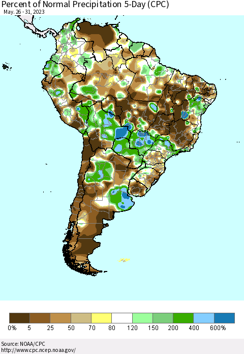 South America Percent of Normal Precipitation 5-Day (CPC) Thematic Map For 5/26/2023 - 5/31/2023