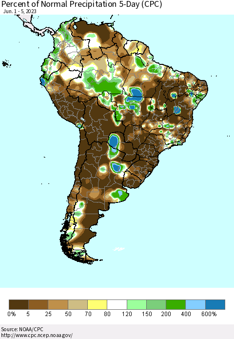 South America Percent of Normal Precipitation 5-Day (CPC) Thematic Map For 6/1/2023 - 6/5/2023