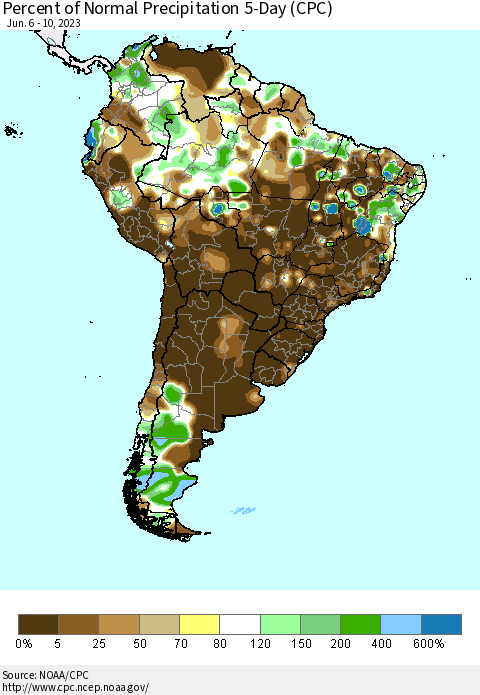 South America Percent of Normal Precipitation 5-Day (CPC) Thematic Map For 6/6/2023 - 6/10/2023