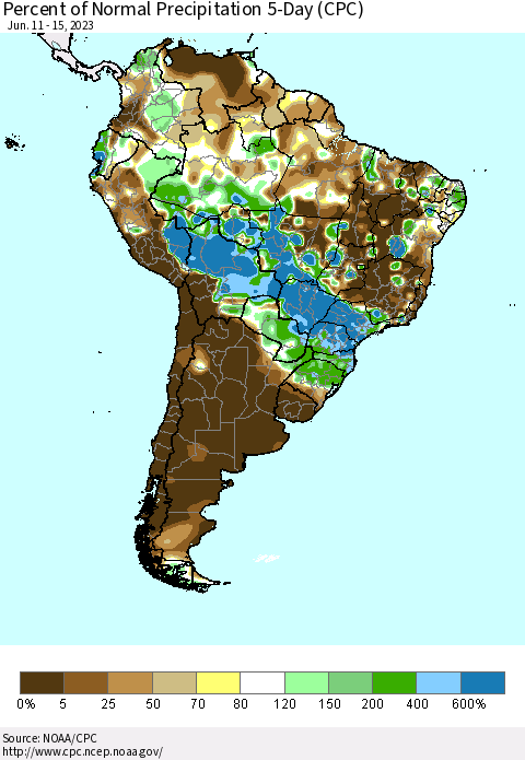 South America Percent of Normal Precipitation 5-Day (CPC) Thematic Map For 6/11/2023 - 6/15/2023