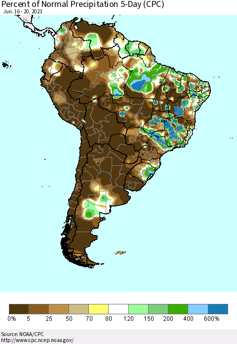 South America Percent of Normal Precipitation 5-Day (CPC) Thematic Map For 6/16/2023 - 6/20/2023