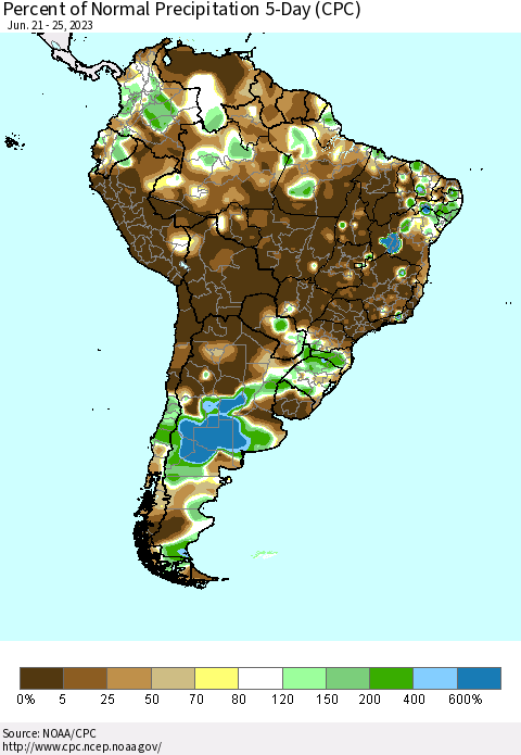 South America Percent of Normal Precipitation 5-Day (CPC) Thematic Map For 6/21/2023 - 6/25/2023