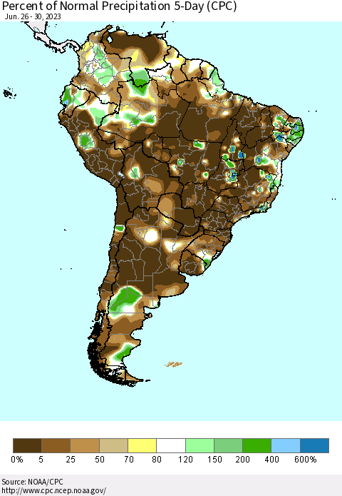 South America Percent of Normal Precipitation 5-Day (CPC) Thematic Map For 6/26/2023 - 6/30/2023